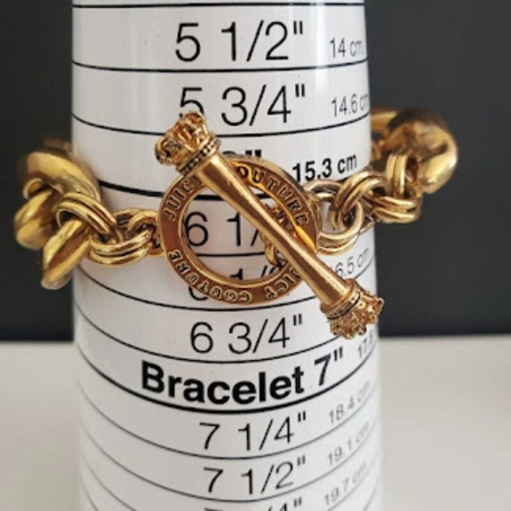 Juicy Couture Gold Tone Chunky Link Toggle Bracelet Crown Logo T-Bar 6 1/2 Inch